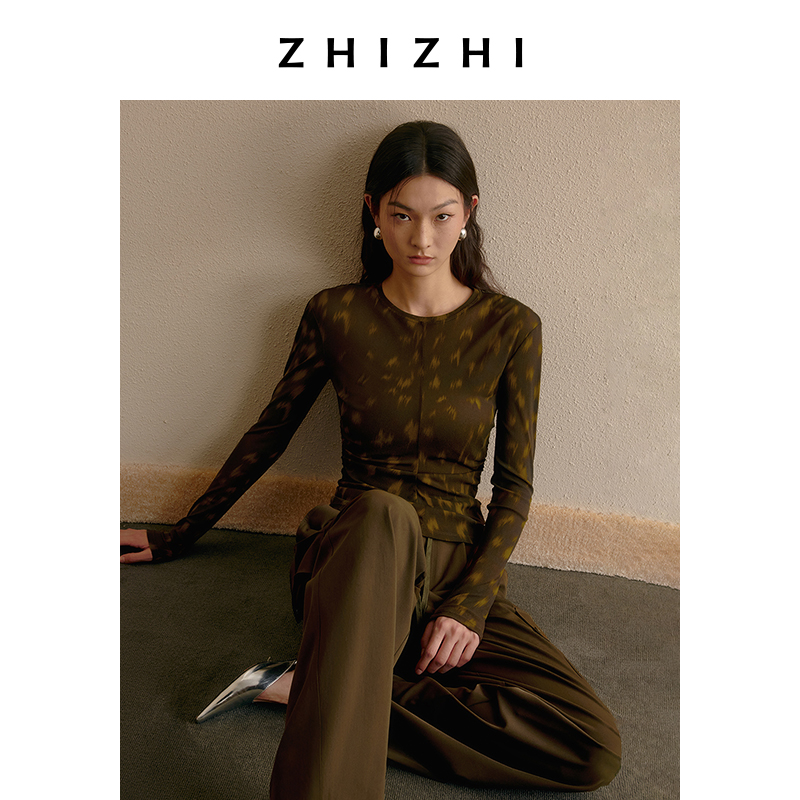 【橱窗】致知 辊绣球 印花T恤春季新款圆领长袖网纱复古ZZ2DAWT7003