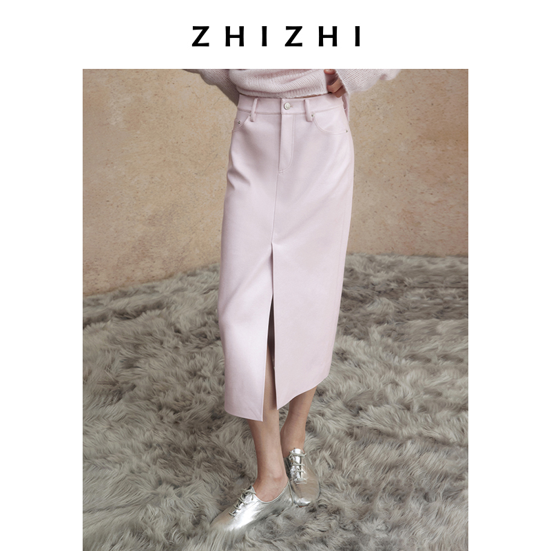 致知南浦月 人造PU皮革直筒半身裙女24冬新款ZZ2DWWBY011