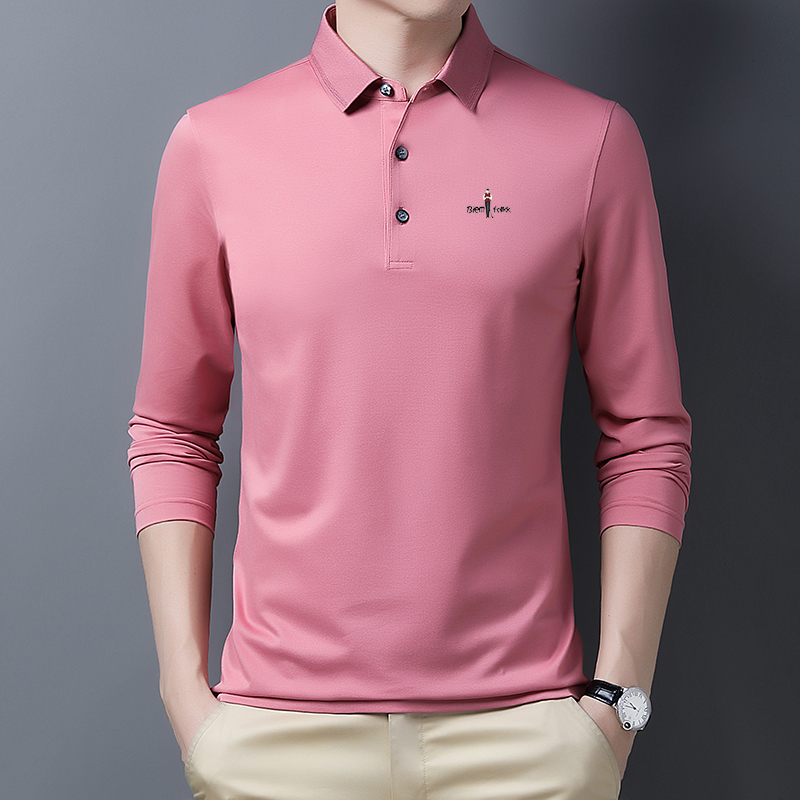 比音轻奢高端秋季新款棉T恤中青年长袖桑蚕丝休闲透气纯色polo衫
