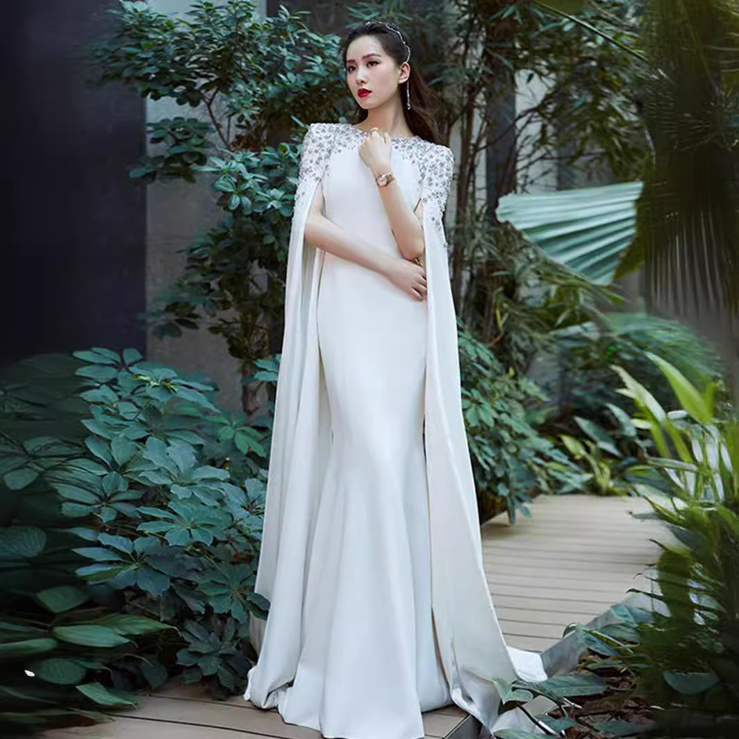 明星同款晚礼服女生日宴会气质连衣裙高级感艺考主持人长袖演出服