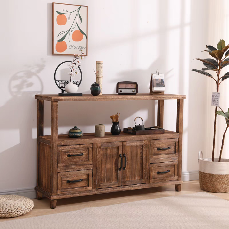 全实木复古餐边柜客厅储物柜免安装阳台收纳储物柜高低组合柜包邮