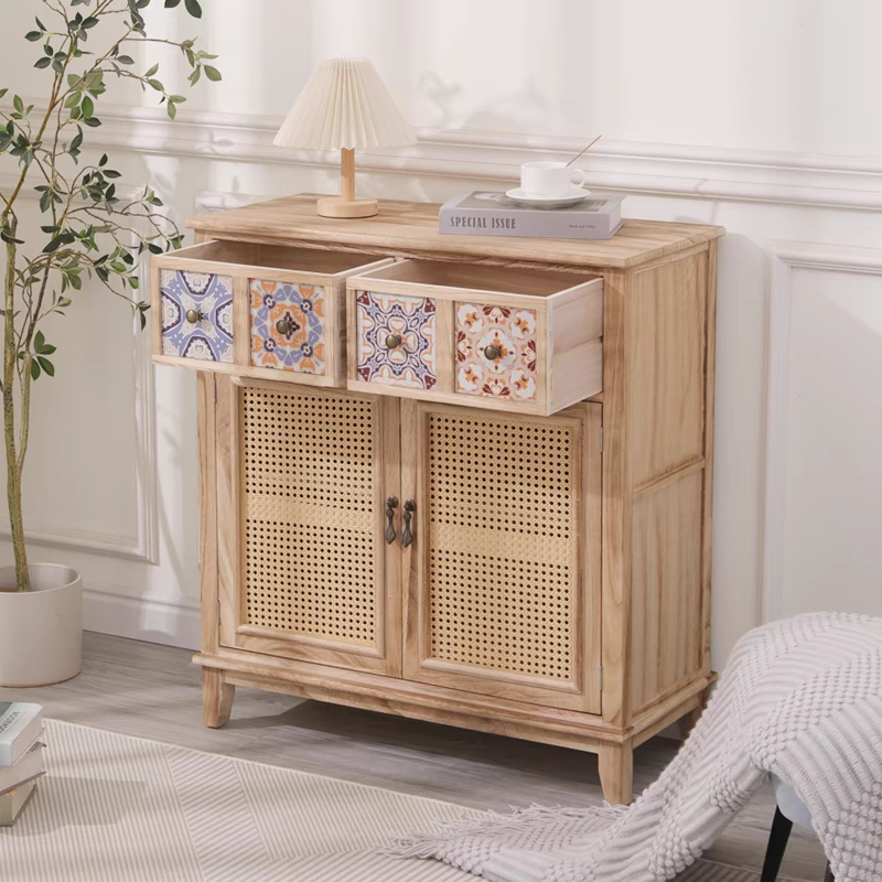 实木藤编收纳柜复古餐边柜客厅靠墙储物柜沙发边斗柜卧室床尾柜子