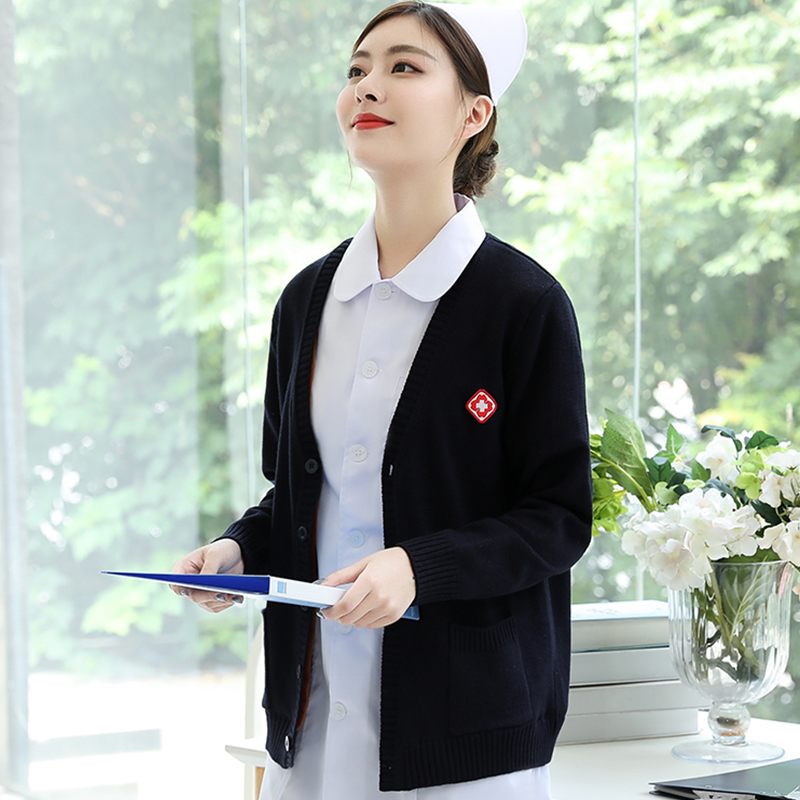护士毛衣女针织衫护士服医护人员开衫加绒加厚外套外搭藏蓝色医院