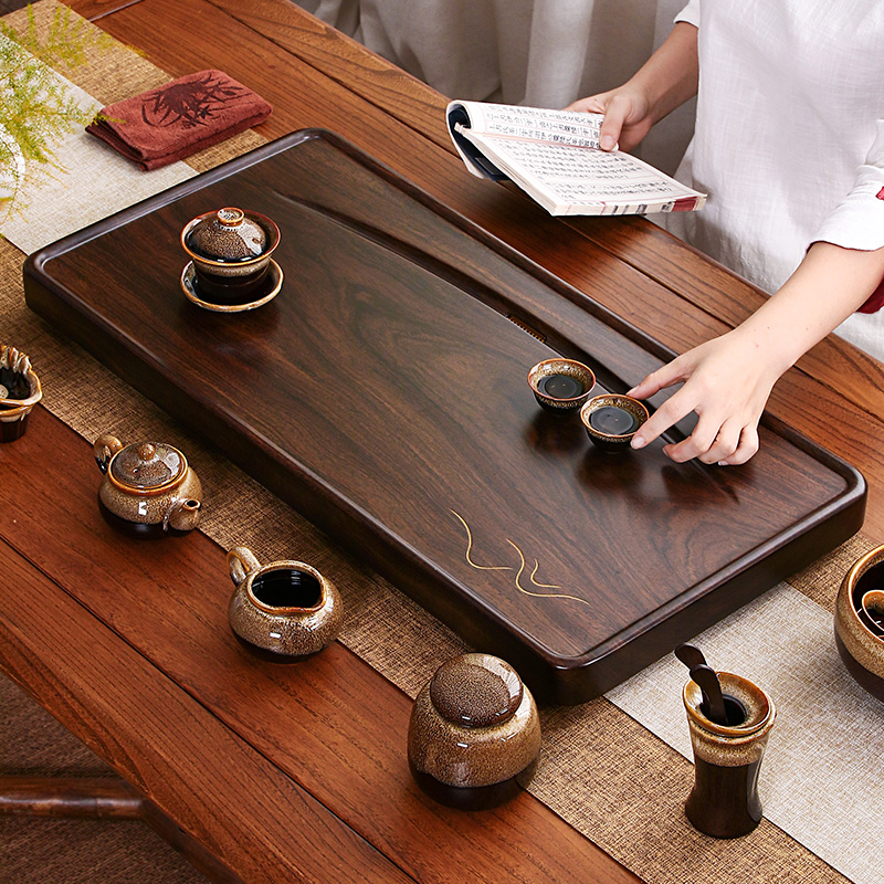 实木家用茶盘整块黑檀木原木轻奢排水功夫茶具