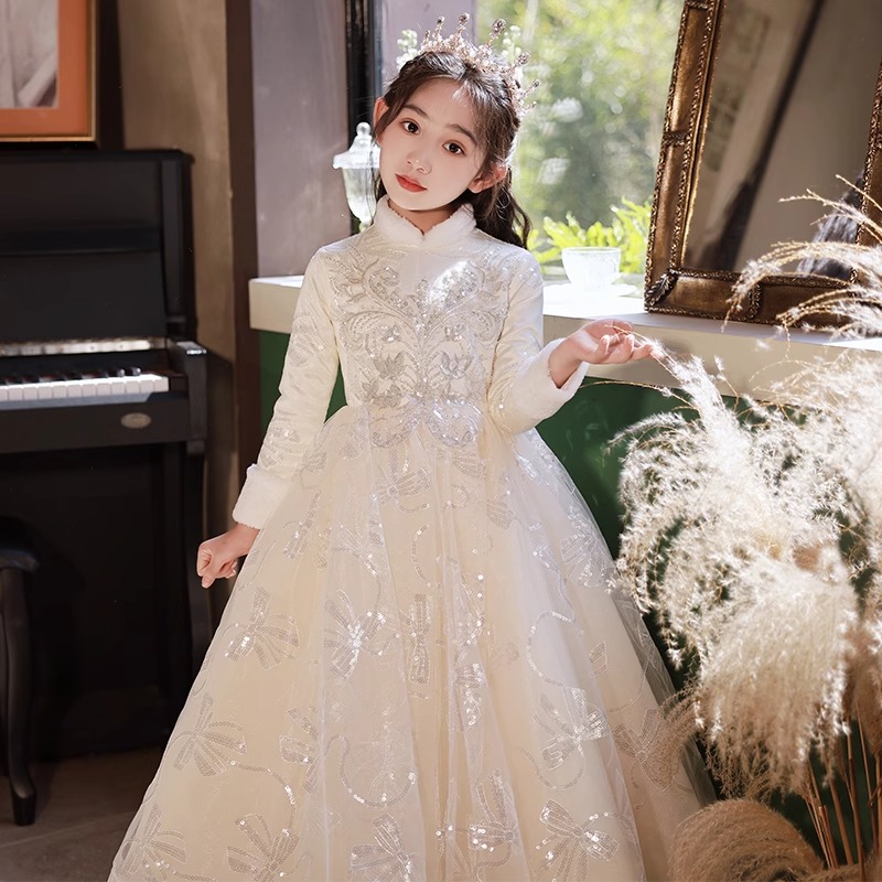 女童晚礼服女孩冬季加厚生日公主裙儿童花童婚礼主持人钢琴演出服