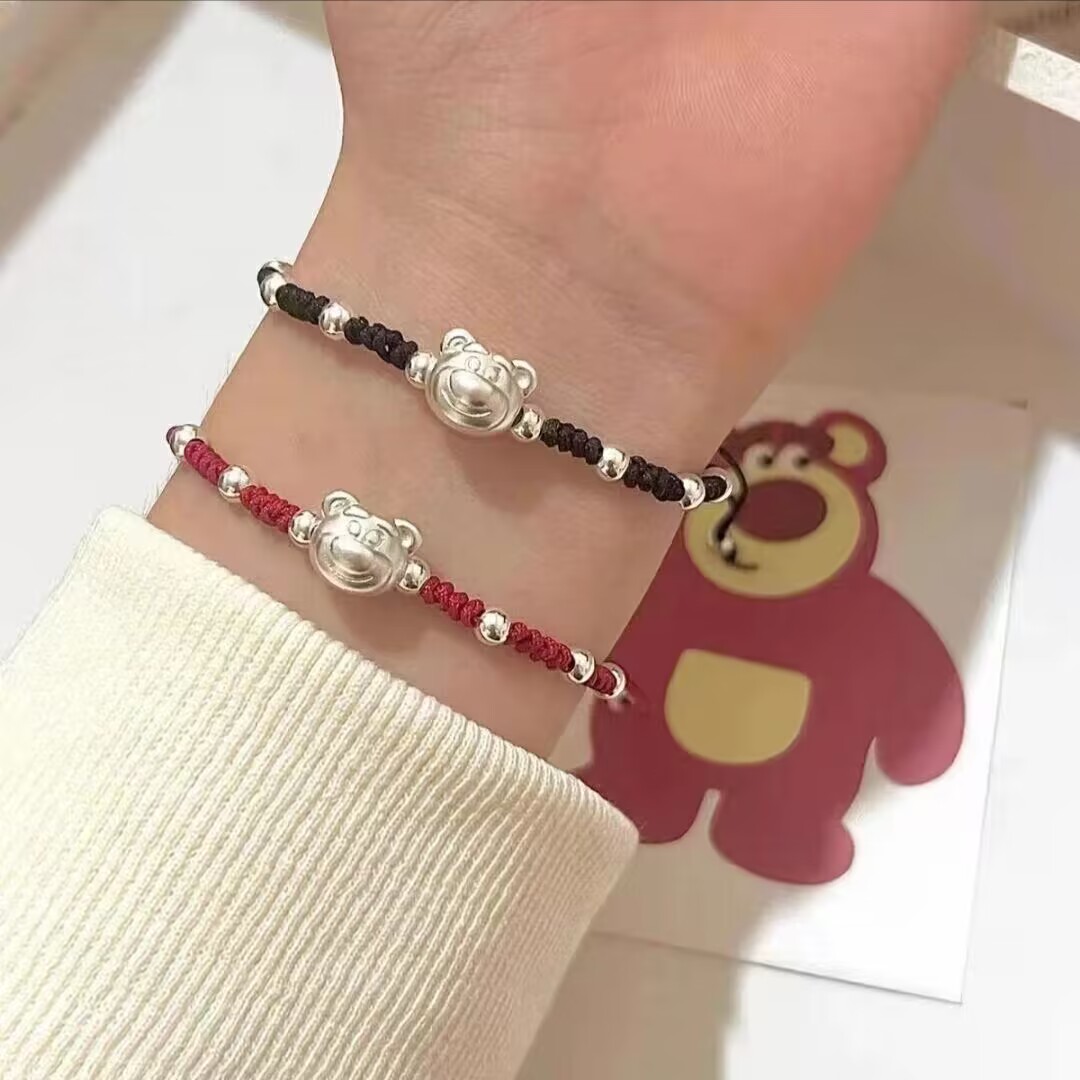 足银手链 宝宝手工编织手链可爱草莓熊闺蜜百搭纯银手串少女情侣
