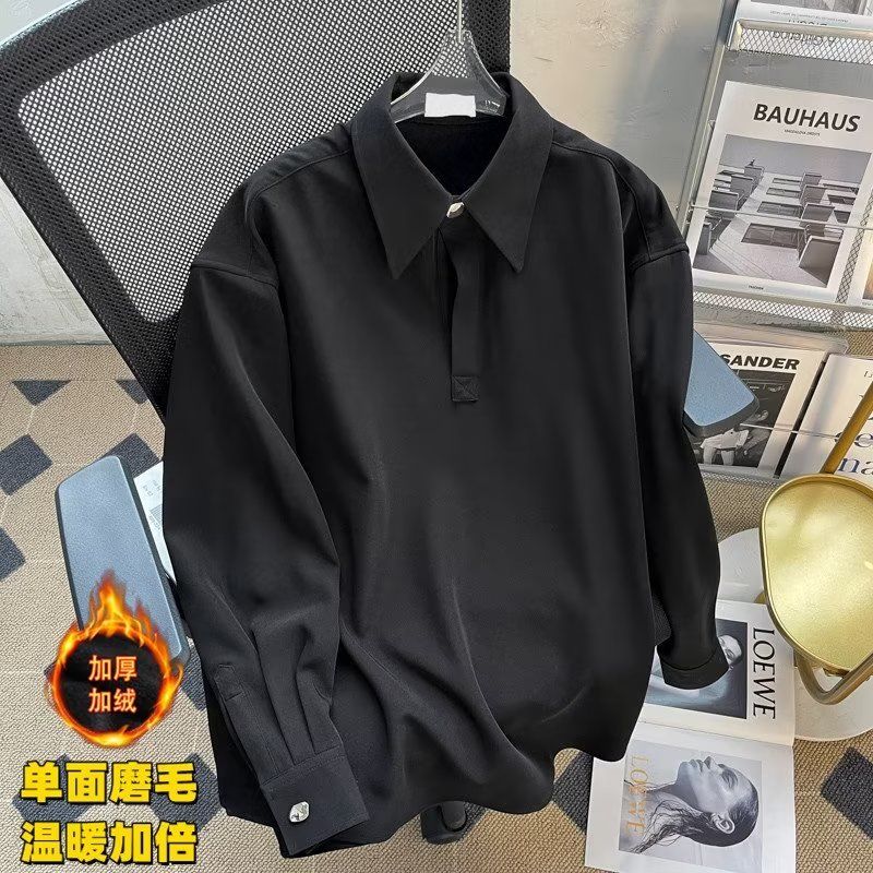 冬季纯色套头加绒加厚长袖衬衫男士轻熟风bf风内搭休闲翻领衬衣男