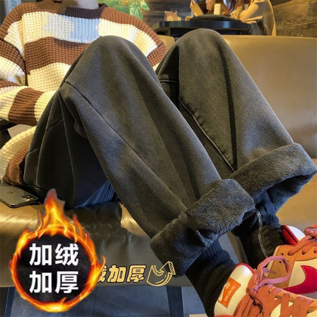 美式高街复古加绒加厚牛仔裤男女秋冬款宽松阔腿裤ins百搭长裤子