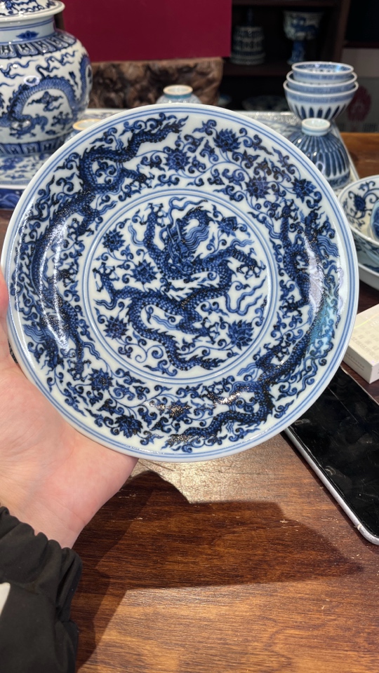 窑口代工青花柴窑仿明宣德穿花五龙壶承赏盘菜盘九五至尊