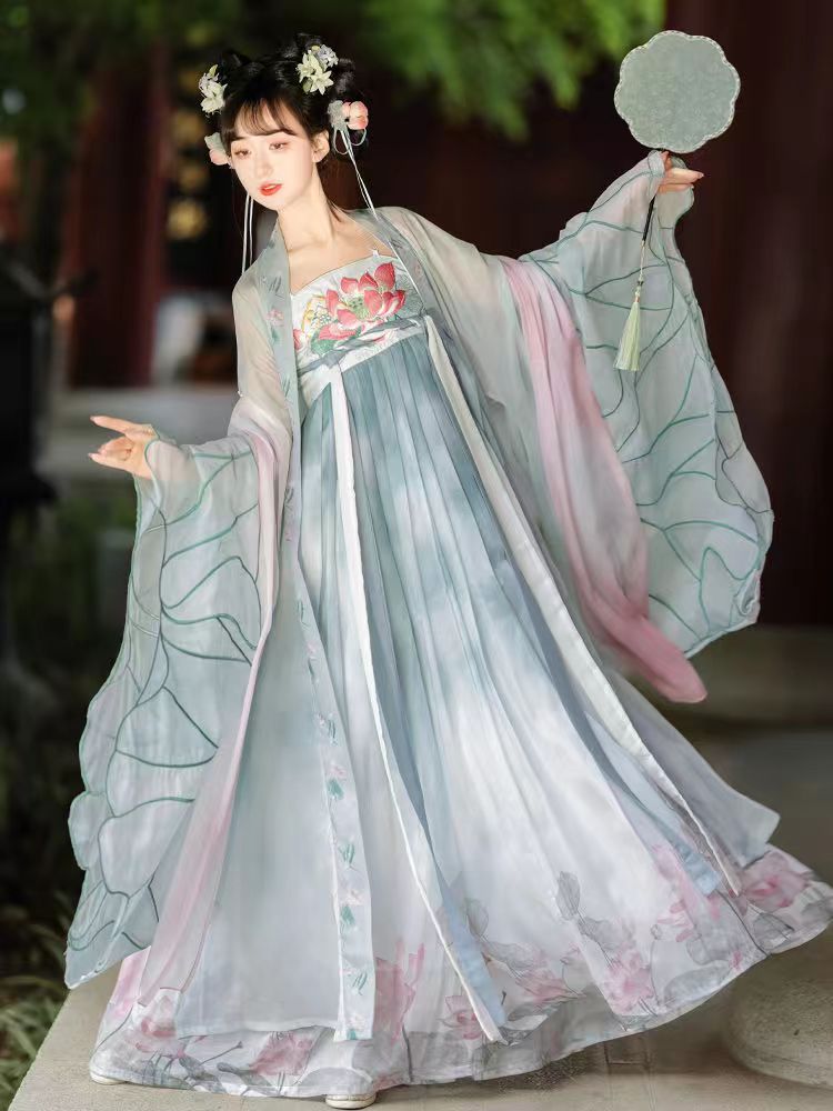 原创汉服女【荷叶】唐制汉服大袖衫齐胸诃子裙重工刺绣春夏