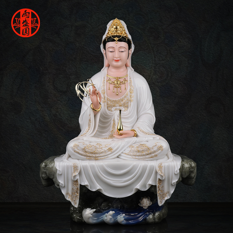 自在观世音汉白玉工艺品摆件南海观世音坐山石款家用居家桌面摆件