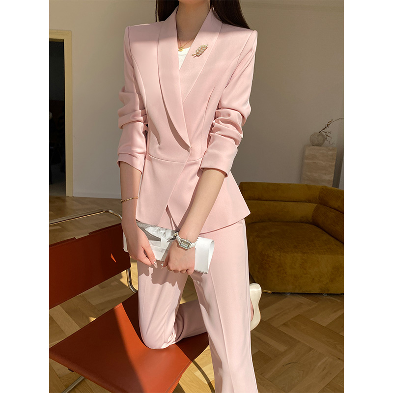 收腰显瘦粉色职业西装套装女装垫肩外套设计感高端时尚洋气工作服