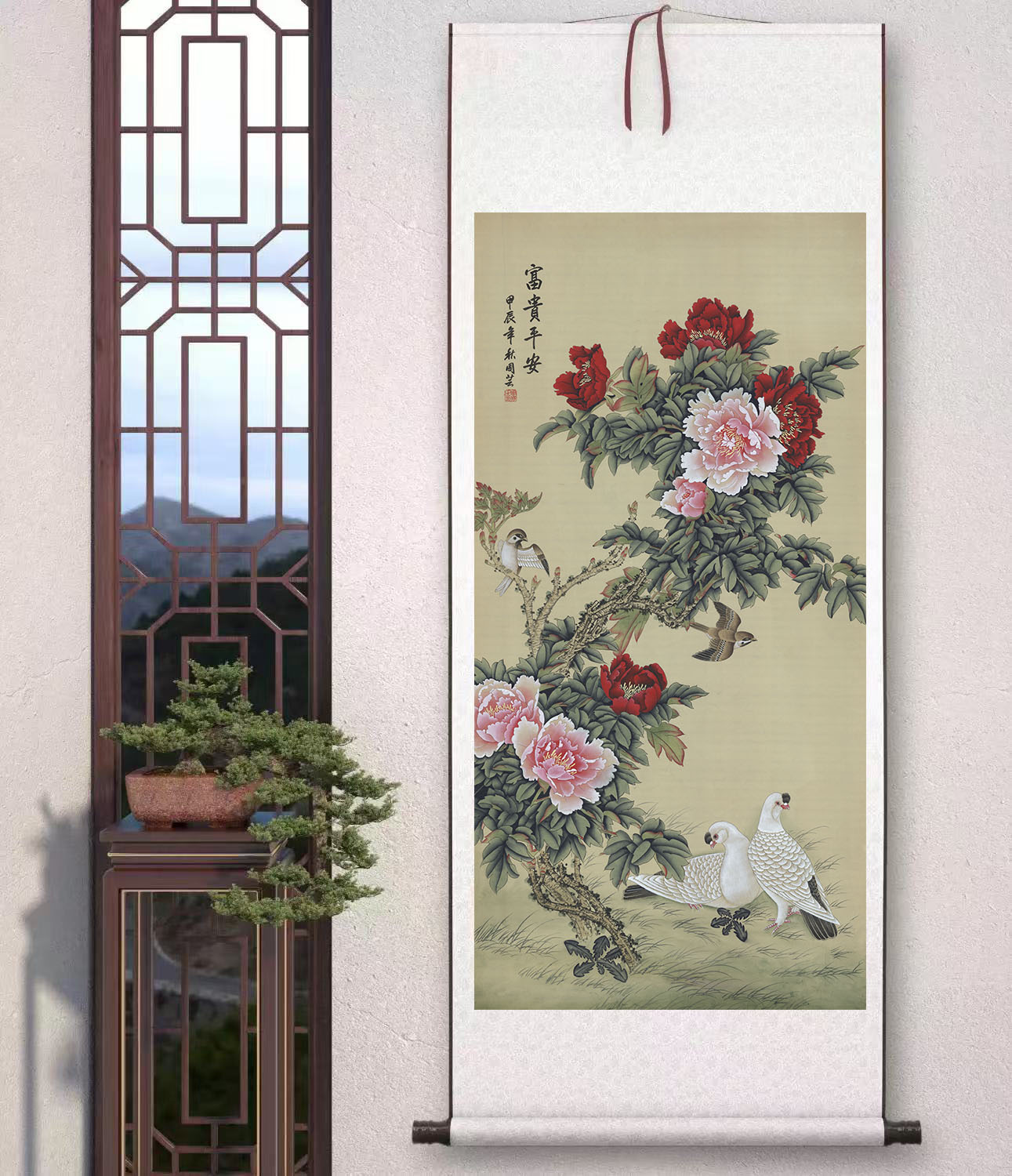 包邮《富贵平安》中堂玄关画走廊画办公装饰画卷画芯三尺软轴装裱