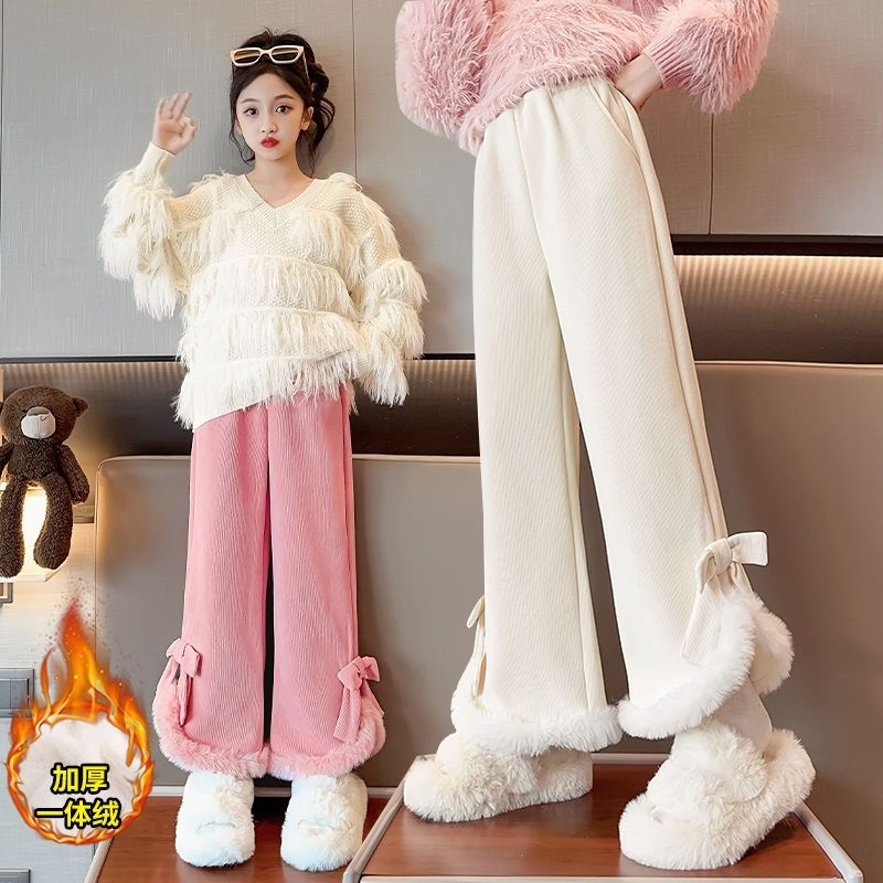 女宝宝蝴蝶结加绒阔腿裤2023冬装新款小女孩韩版加厚长裤百搭休闲
