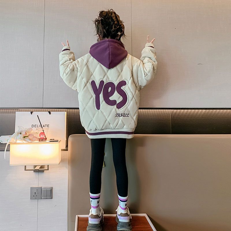 女童外套加厚2023秋冬新款女大童洋气冬装加厚假两件连帽外套棉衣