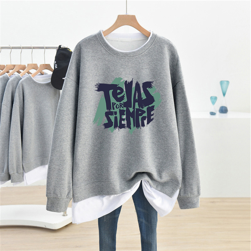 2025秋冬新款大码oversize宽松假两件卫衣女加绒加厚遮肚长袖上衣