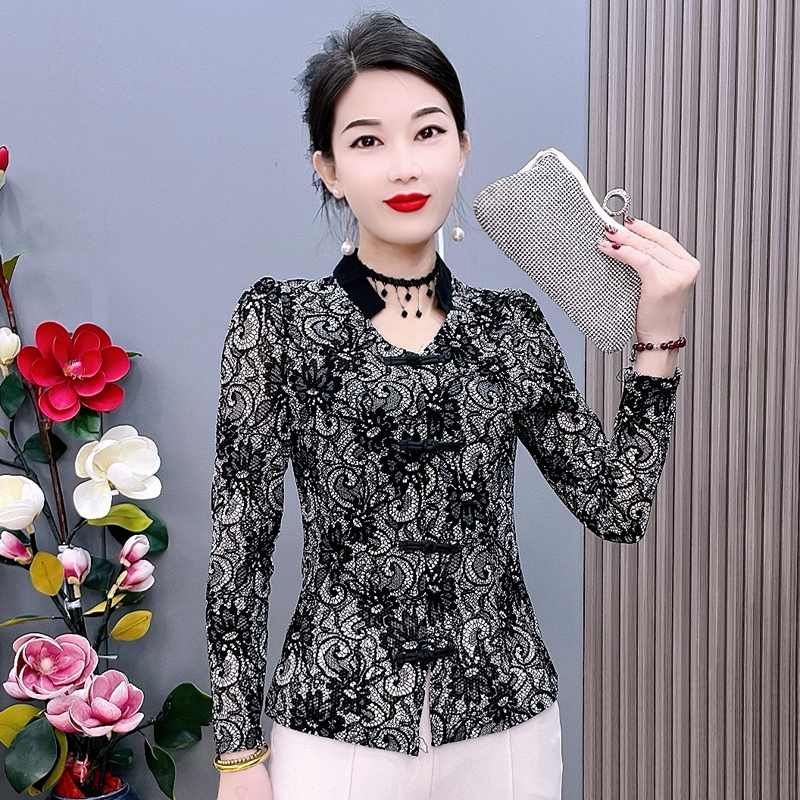 2321款蕾丝气质小衫显瘦长袖打底衫春季时尚印花碎花T恤打底上衣