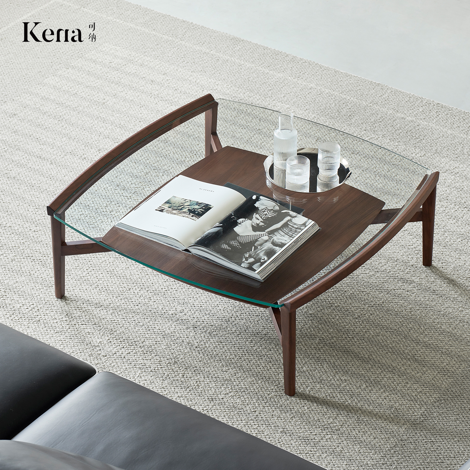 Kena可纳/摩卡客厅北美黑胡桃木实木玻璃方茶几现代简约P