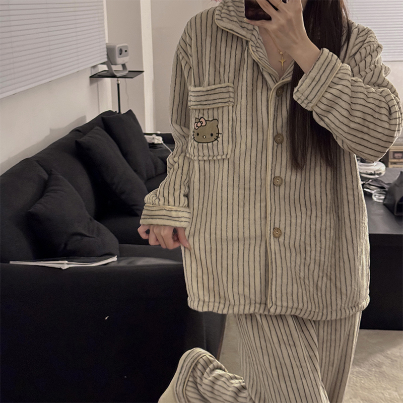 法兰绒条纹格子加厚睡衣女套装春秋冬季新款大码宽松外穿家居服