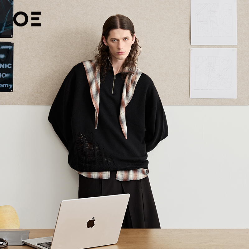 【明星同款】Organic Emotion｜OE 高领可翻领格纹镂空黑色毛衣SW58