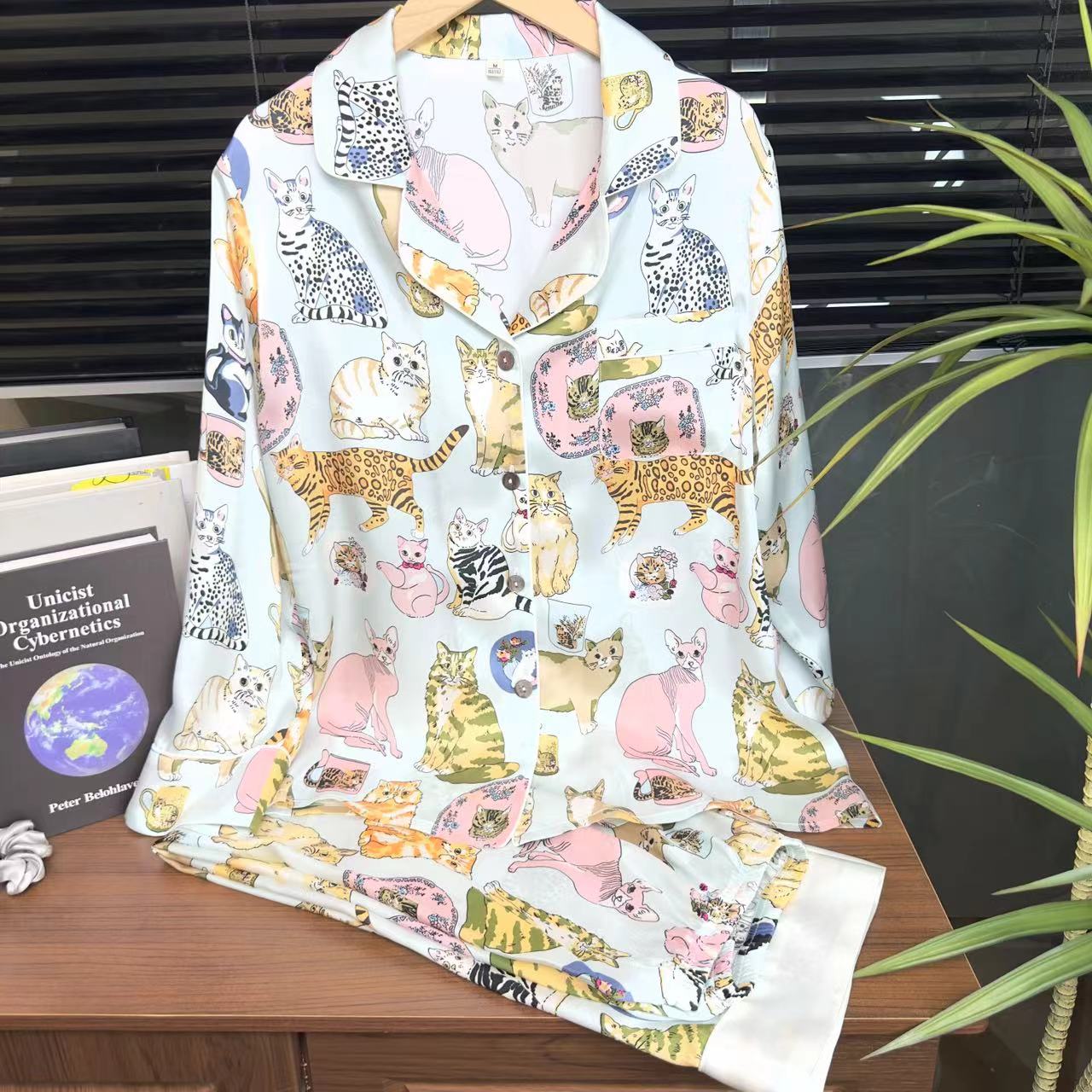 【桑蚕丝源头工厂】重磅小猫100%桑蚕丝真丝睡衣长袖长裤T2088