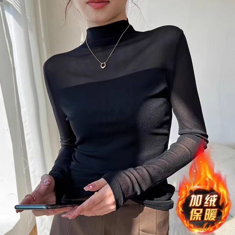 加绒保暖冬季新款半高领网纱气质打底衫长袖百搭T恤内搭上衣女