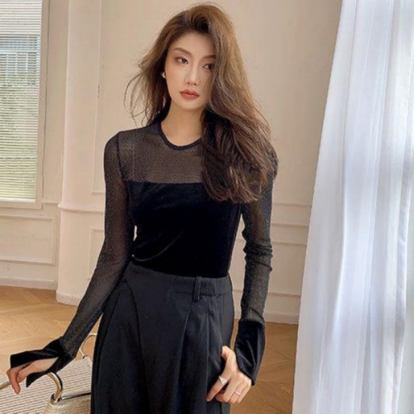 金丝绒拼接网纱长袖气质打底上衣女春秋季新款修身显瘦性感透视装