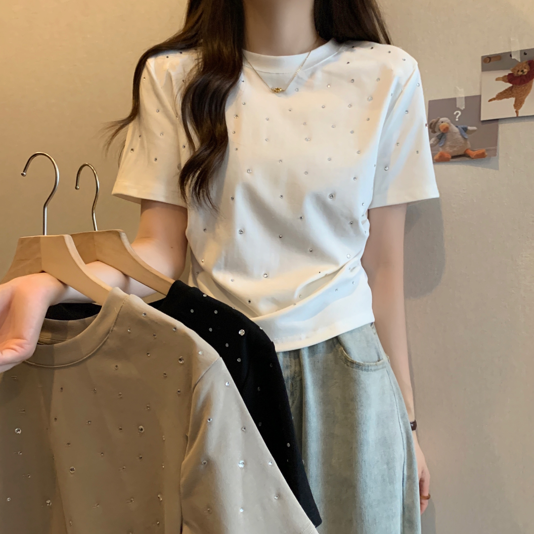 F6001夏季新款辣妹烫钻正肩显瘦圆领短袖t恤设计感小众短款上衣女