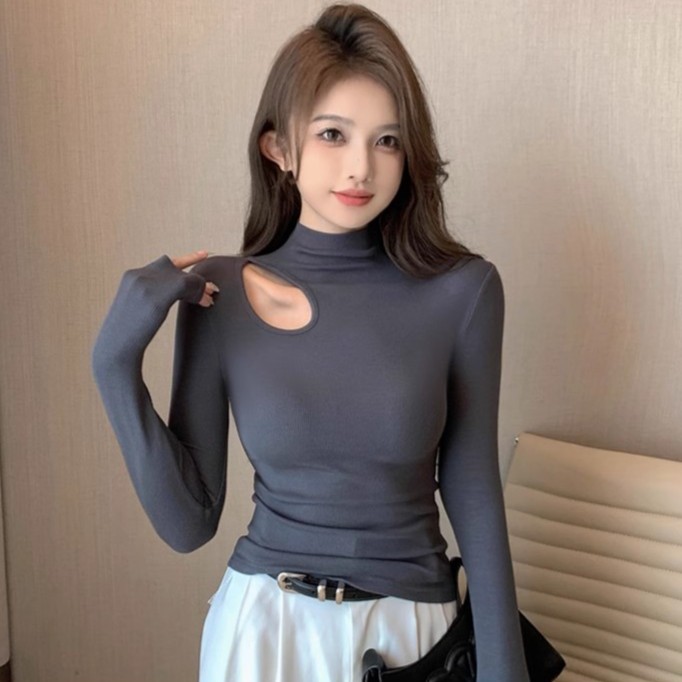黑色半高领长袖打底衫女螺纹镂空上衣秋冬洋气百搭中领设计感内搭