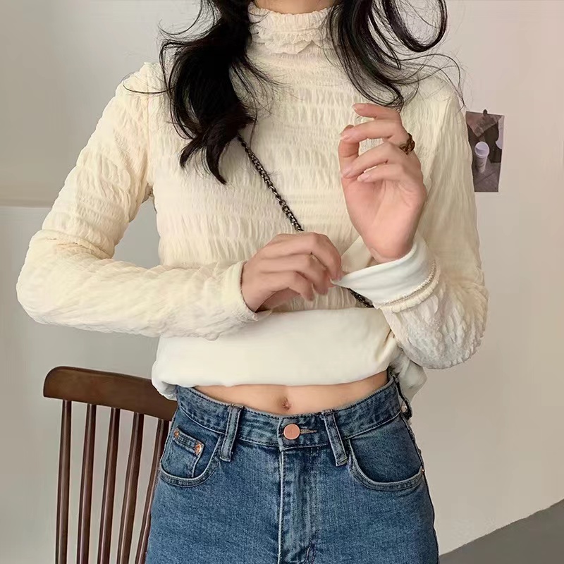 高领蕾丝打底衫女2023年春季洋气潮修身显瘦加绒内搭网纱雷丝上衣