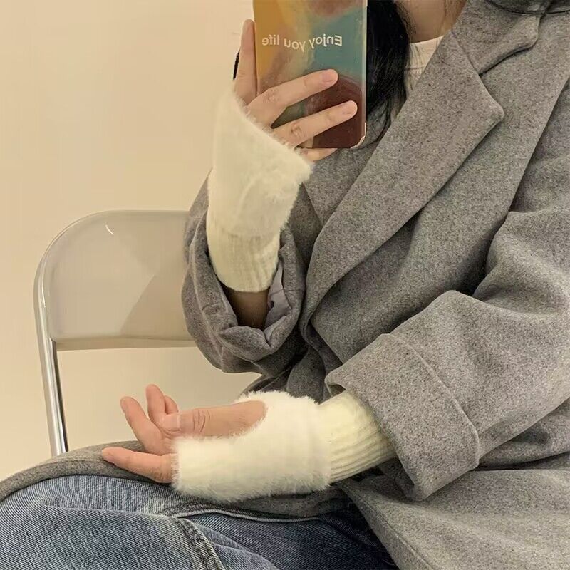 毛茸茸手套女冬季冬天白色毛毛绒露指半指纯色保暖加绒长袖套学生