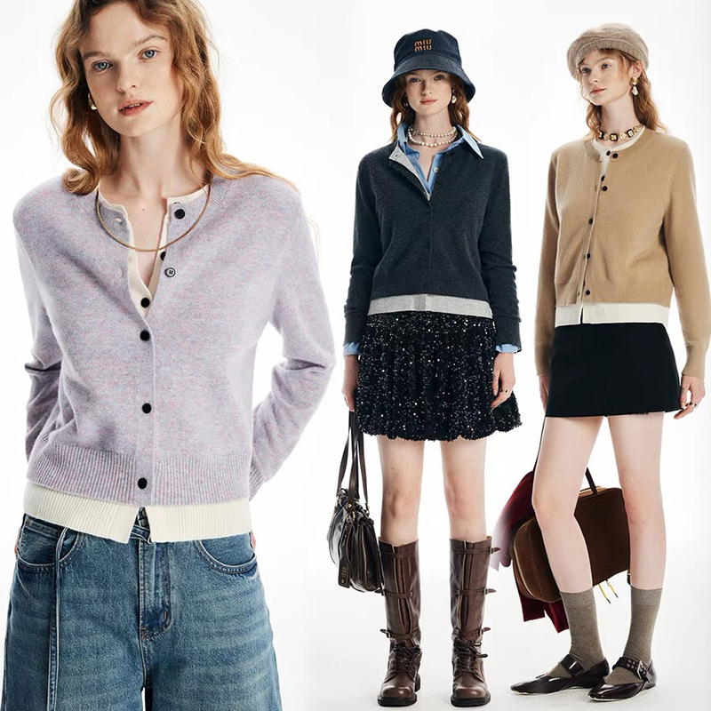 叠穿神器假两件 秋冬季新款100绵羊毛衫修身显瘦针织开衫高档女装