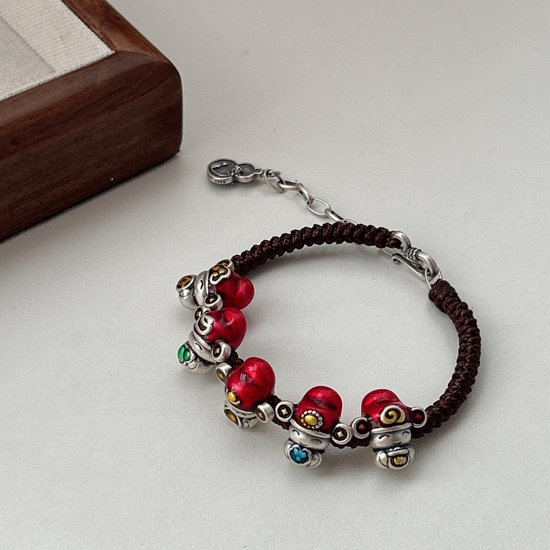 足银珐琅手链 新款999足银五福财神爷编织手链带延长链可调节