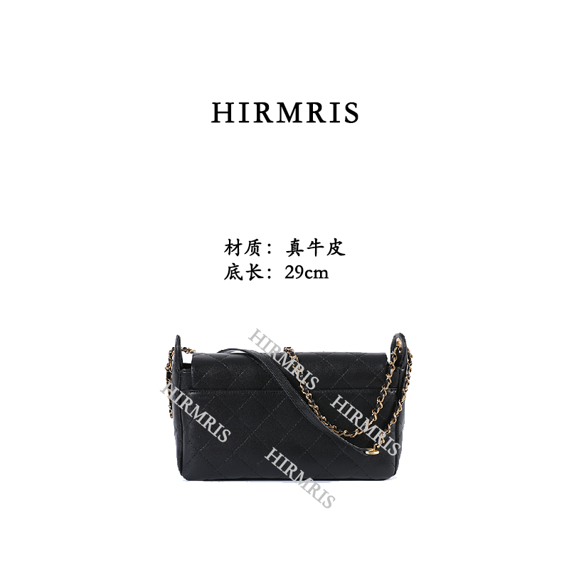 HIRMRIS手工真皮包金扣CZ289 肩链带菱格半黑香