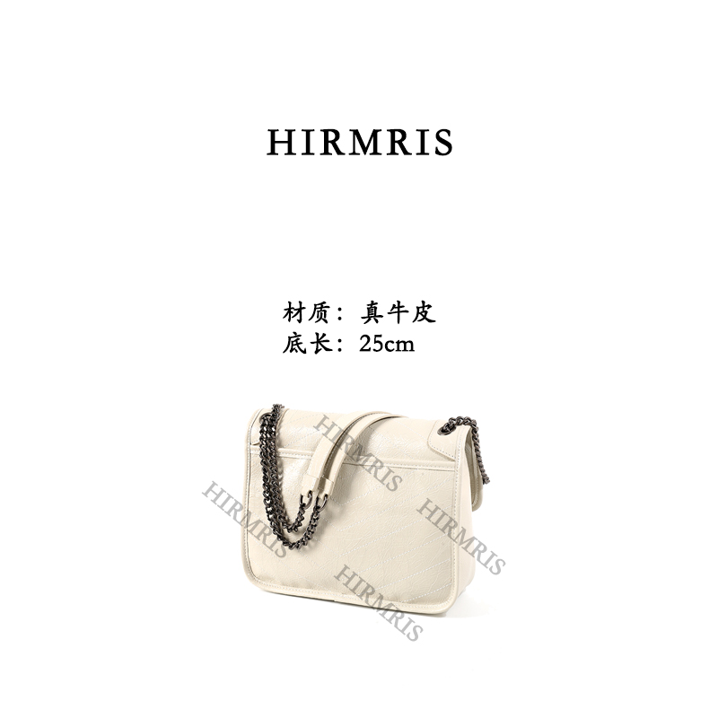 HIRMRIS手工真皮包银双肩链YZ91-1 nk中阳 邮差中号白色