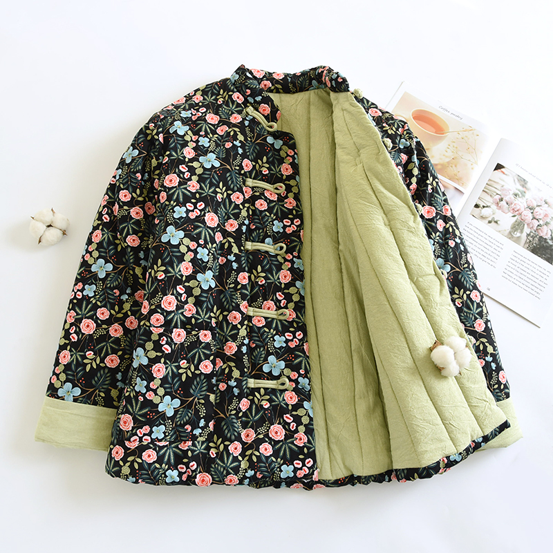 58【黑玫瑰】碎花手工棉花袄 冬季女棉服国风盘扣国潮加厚棉衣成人