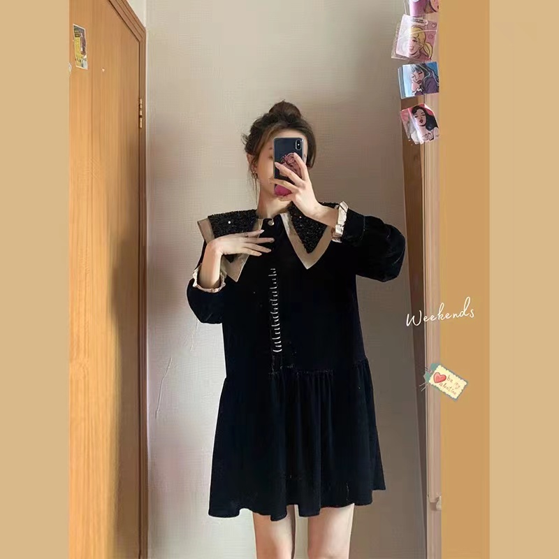早秋2024年新款韩版宽松显瘦胖MM双层领娃娃裙长袖连衣裙女72247