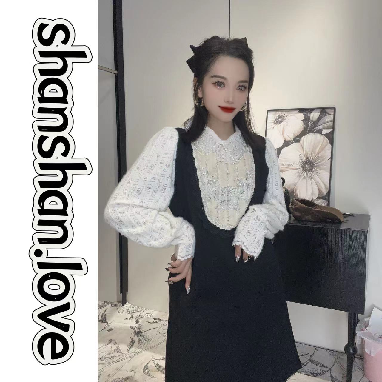 2024重工羽毛蕾丝拼接名媛气质显瘦连衣裙09856