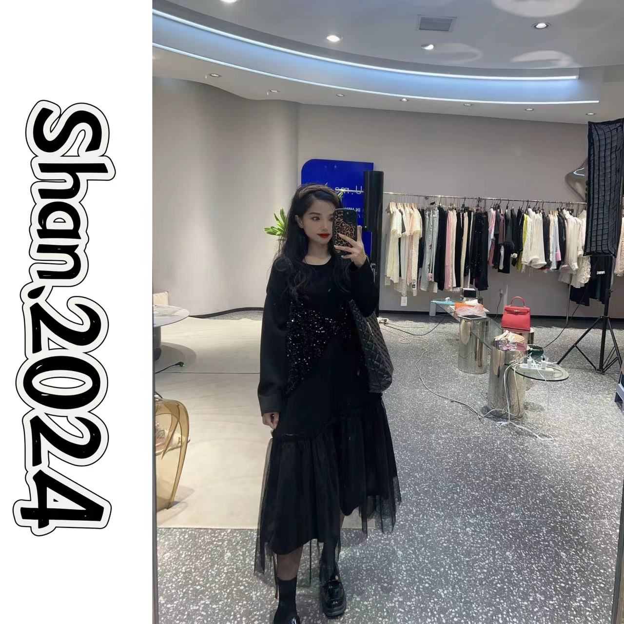 法式假两件吊带拼接连衣裙女2024秋季新款韩版宽松显瘦长袖2535