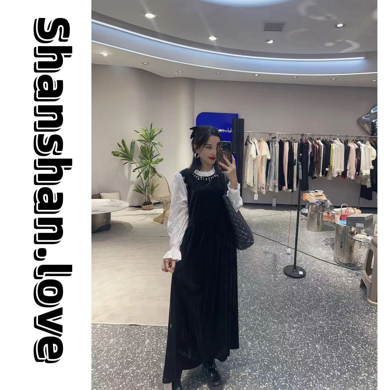 大码女装气质假两件立体金丝绒拼接全手钉工艺连衣裙1376