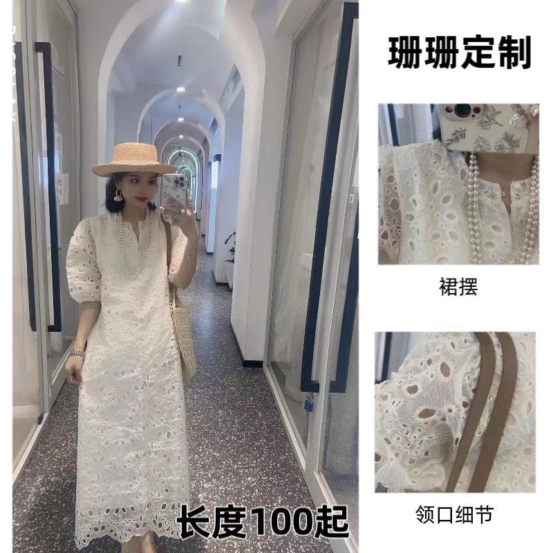 短袖蕾丝连衣裙女夏新款重工镂空花朵刺绣直筒显瘦过膝裙女1169