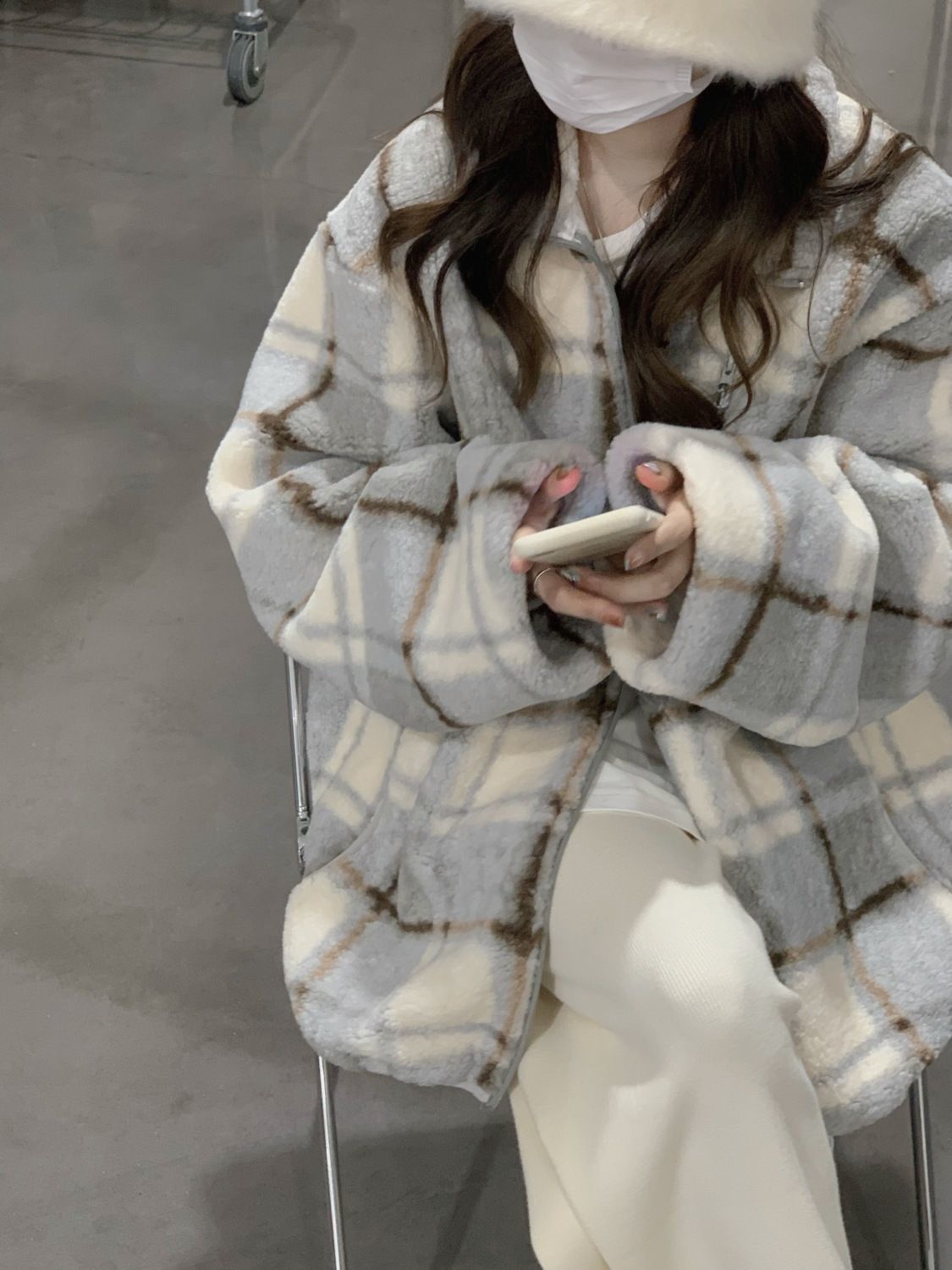 大码女装法式温柔风仿羊羔毛格子外套女冬季休闲宽松小个子开秋冬