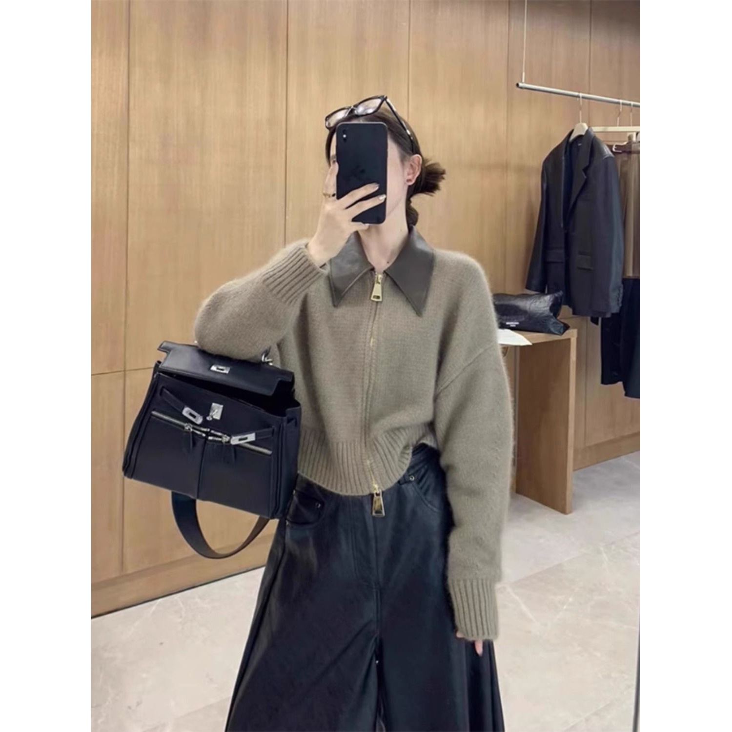 欧货高级感皮POLO领拼接针织开衫双头拉链慵懒风浣熊绒外套上秋冬