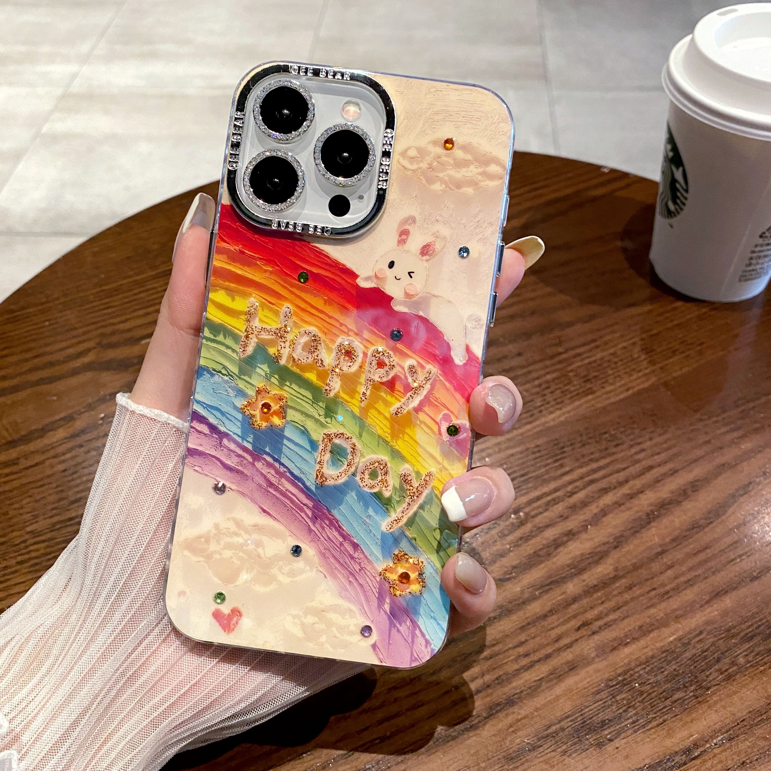 电镀镜头膜iPhone15苹果14promax新款手机壳蓝光点钻彩虹兔子闪粉