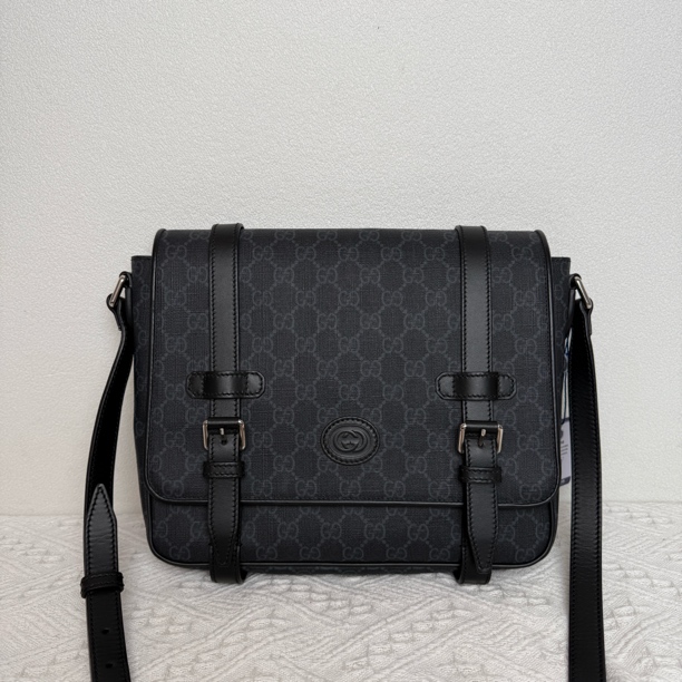 99新 GUCCI/古驰 97新/5466男士时尚黑老花双扣邮差包