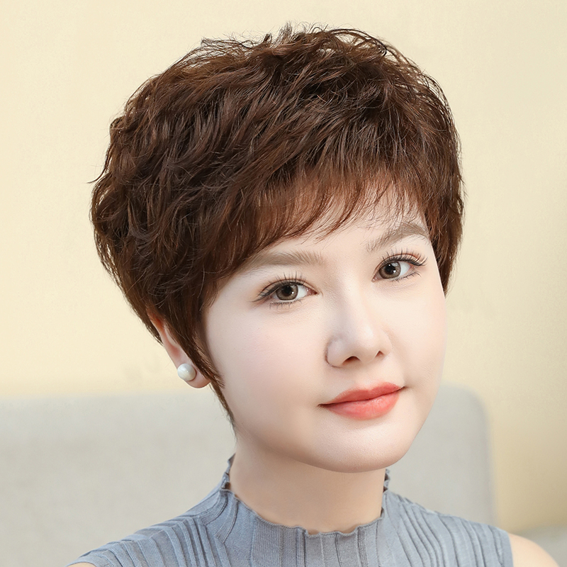 假发女全头套短款假发100%全真发轻薄中老年妈妈款头套透气逼真