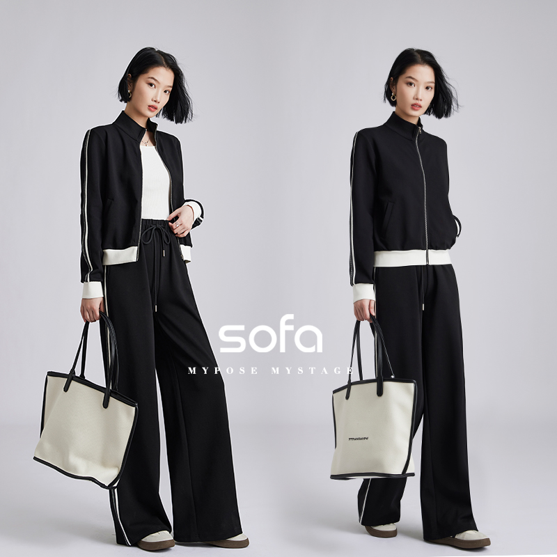 时尚百搭休闲运动套装宽松春款黑白撞色显瘦经典两件套41O2202407