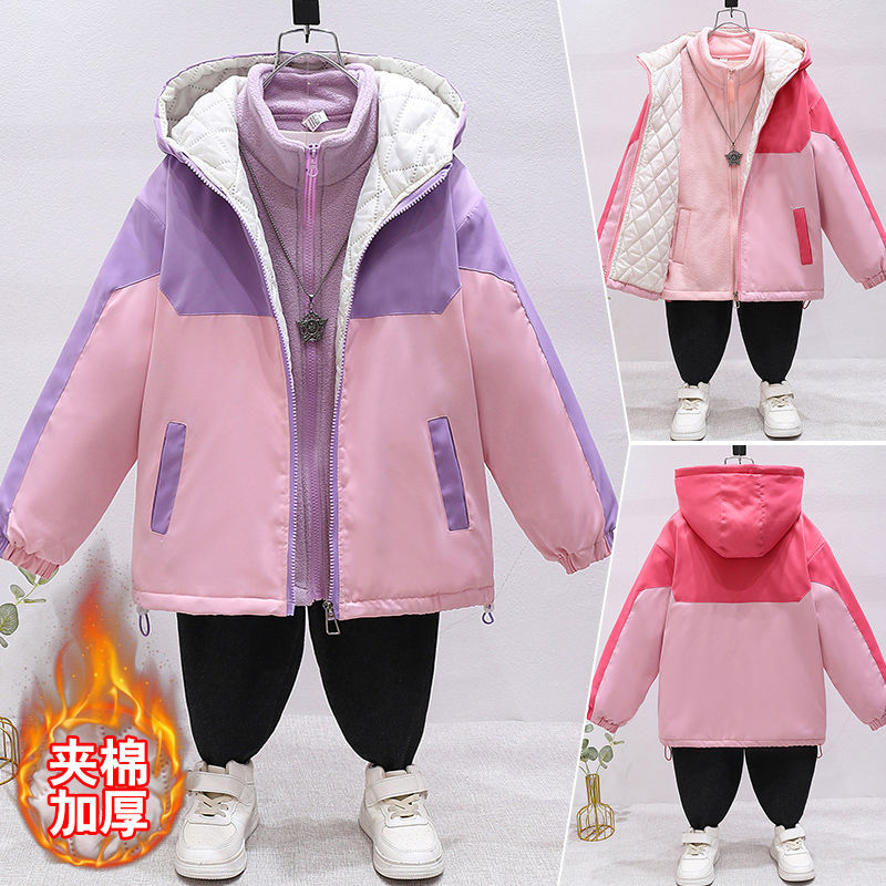 女童外套2023新款韩版洋气宝宝儿童中大童三合一加厚连帽上衣春秋