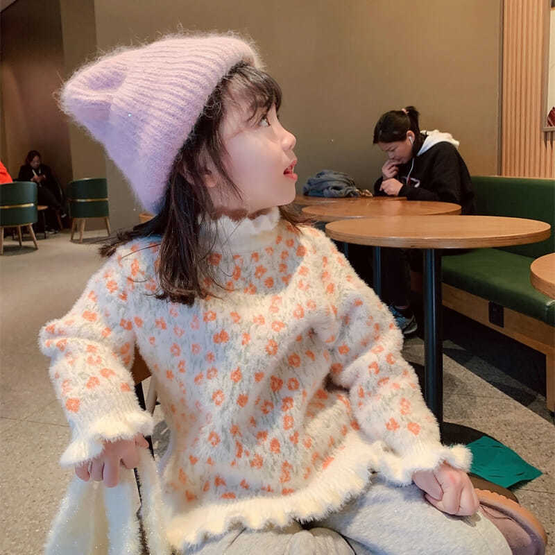 女童毛衣加绒加厚小碎花宝宝半高领洋气冬儿童针织衫时尚百搭洋气