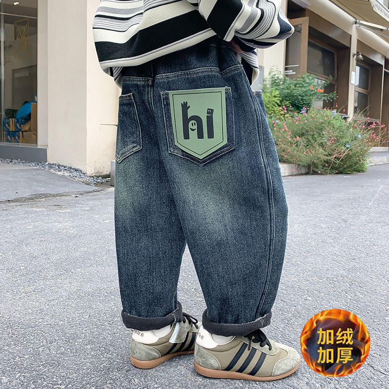 男童牛仔裤2023加绒新款儿童简约秋冬一体绒牛仔休闲裤男宝休闲裤